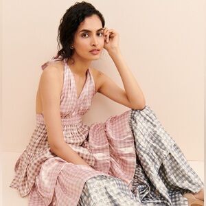 LoveShackFancy Silk Dress Clarissa Tiered Metallic Gingham Maxi Dress 100% Silk.